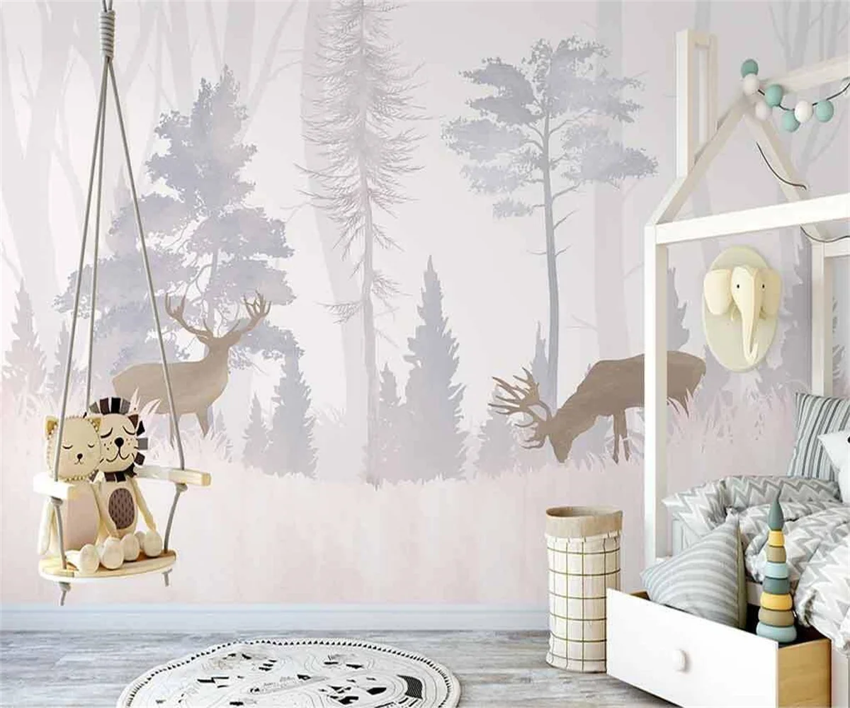 

Custom Photo Wallpaper Nordic hand painted forest elk children's room interior art background wall papier peint mural обои