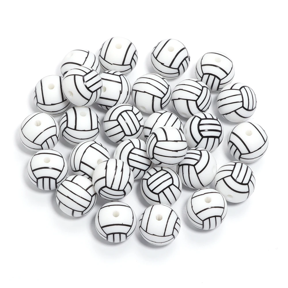 Lot De 30 Perles En Silicone 15 Mm – Motifs Sport (football, Baseball) – Pour Bracelets DIY, Porte-clés