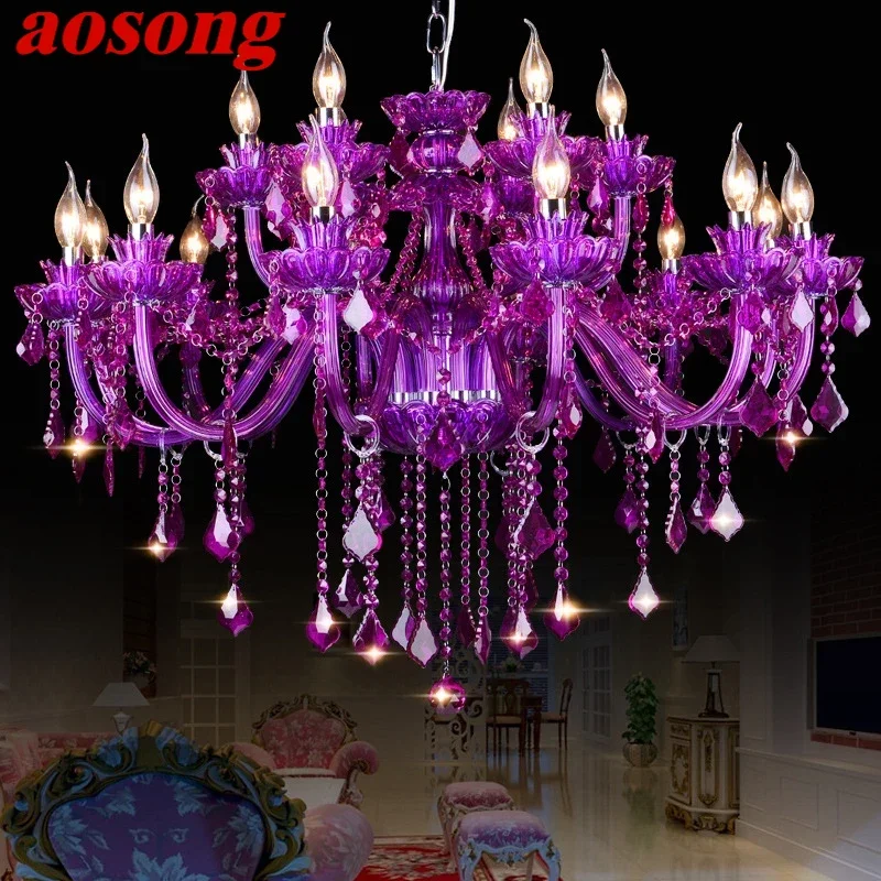 

AOSONG European Crystal Pendent Lamp Purple Candle Lamp Art Living Room Restaurant Bedroom Net KTV Clothing Store Chandeli