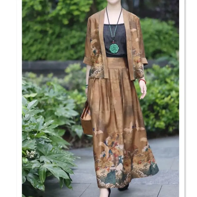 Women's 2023 Spring and Summer New Chinese Vintage Cardigan Printed 3/4 Sleeves Folk Fashionable Long Dress Ruched Two Piece Set summer fashion casual two piece women s elegant loose fit abstract printed blouse top and ruched high waist wide leg pants set