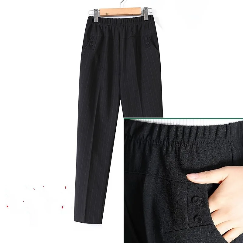Spring and Autumn Women's Solid Stripe High Waist Elastic Pocket Straight Sleeve Loose Fit Fashion Elegant Commuter Casual Pants