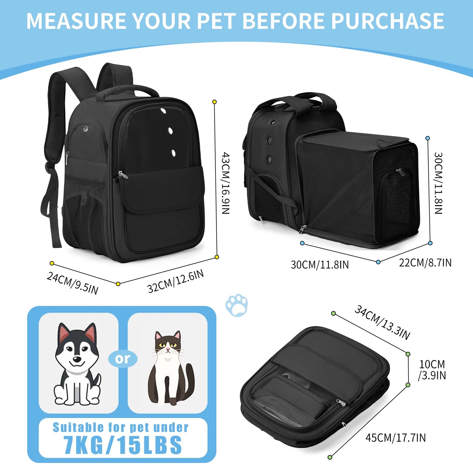 Cat Dog Pet Transport Backpack with Clear Mesh, Pet Cat Transport Box Cat Backpack Pet Bag Up to 7kg Backpack Carrying Backpack