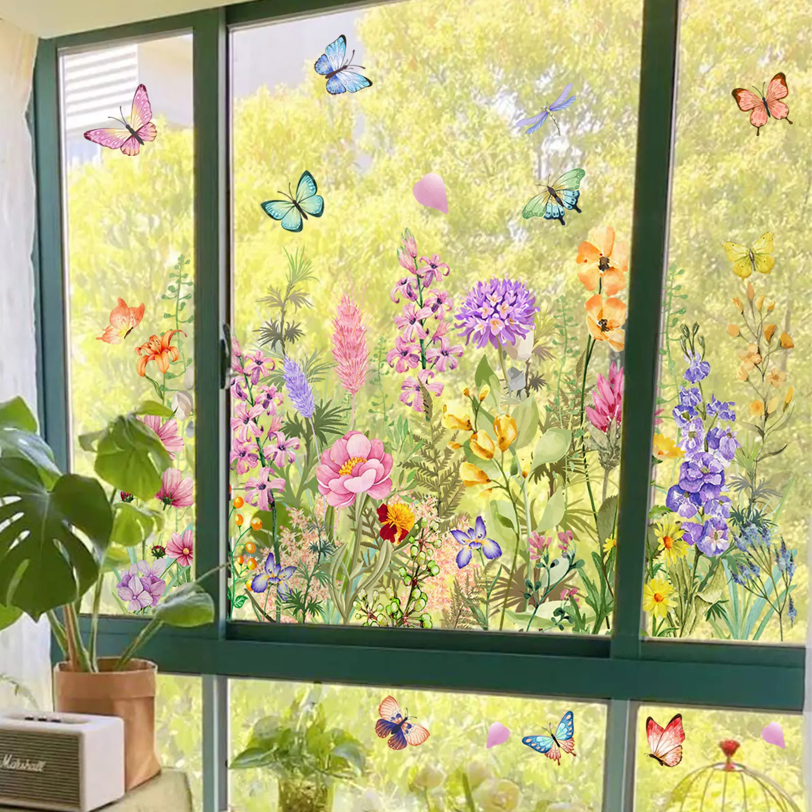 Watercolor Colored Flowers Butterflies Plants Window Stickers Removable for Bedroom Living Room Nursery Decoration Wall Decal wall stickers,wall sticker