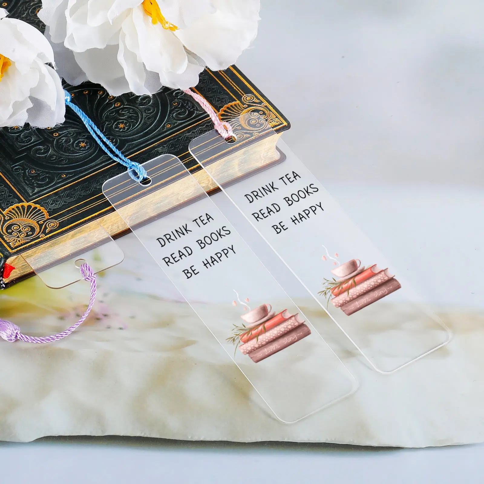 

Personalized Acrylic Colorful Book Mark Drink Tea Read Books Be Happy for Birthday Bookmarks Gift for Book Lovers with Tassel