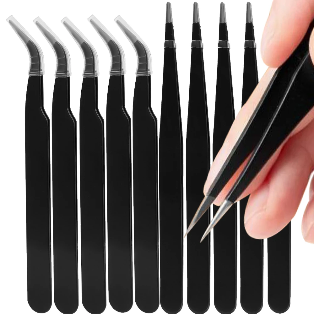 10PCS Stainless Steel Eyebrow Tweezers Straight Curved Eyelash Extension Tweezer Black Color Nail Art Decor Makeup Tools Pick 6