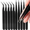 10PCS Stainless Steel Eyebrow Tweezers Straight Curved Eyelash Extension Tweezer Black Color Nail Art Decor Makeup Tools Pick 6