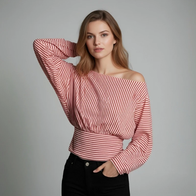 Fashion Spring and Autumn New Women's One-line Neck Off-the-shoulder Long Sleeve Waist Blouse Y2k Elegant Loose Red Striped Top