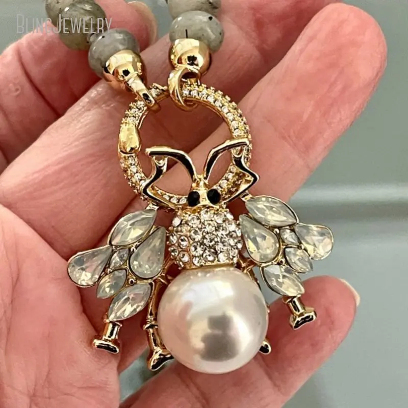 Hand Knotted Semi Precious Beads Labradorite Rondelle Necklace Micro Pave Clasp Cz Bee Pendant Choker Women Layered Jewelry