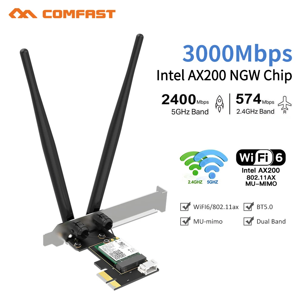 

3000Mbps WiFi6 PCI-E Card AX200 NGW WIFI card 2.4G/5Ghz Dual Band BT 5.2 PCI Express Wireless Network Adapter for PC Desktop