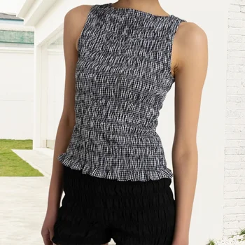 Lamuusaa Smocked Tank Tops y2k Clothes Women Solid Color/Plaid Boat Neck Sleeveless Ruffled Hem T Shirts Vest 2000s Clothing 1