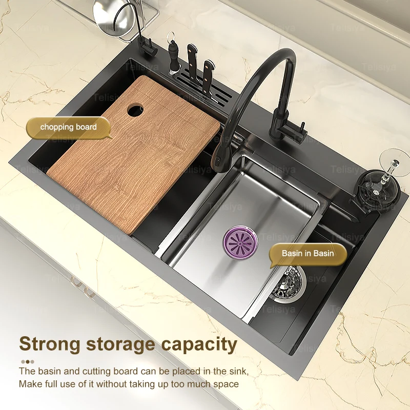 Sink Stainless Steel Kitchen Apartment Large Single Slot With Knife Holder Multifunction Wash Basin For Kitchen 3