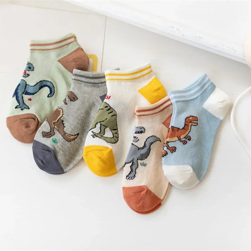 Children's Socks Boy Dinosaur Pattern Socks Comfortable and Breathable Casual and Soft Child Anti-slip Leggings Clothing 5 Pairs
