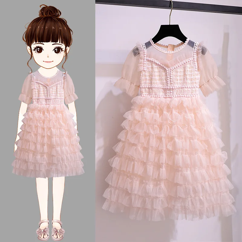 

Lovely Sweet Children's Clothing Lace Splicing Round Neck Pink Short Sleeve Summer Girls Hollow Out Zipper Midi Cake Dress