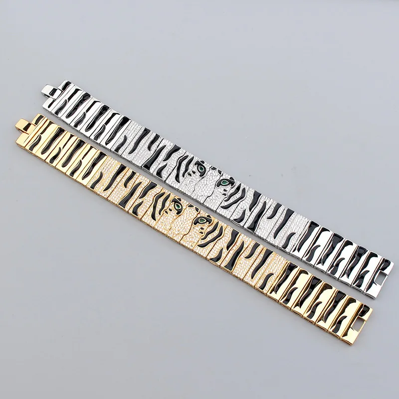 Europe America Fashion Style Wide Chain Bracelet Men Women Lady Plated Gold Settings Full Cubic Zircon Green Eyes Tiger Bangle 2