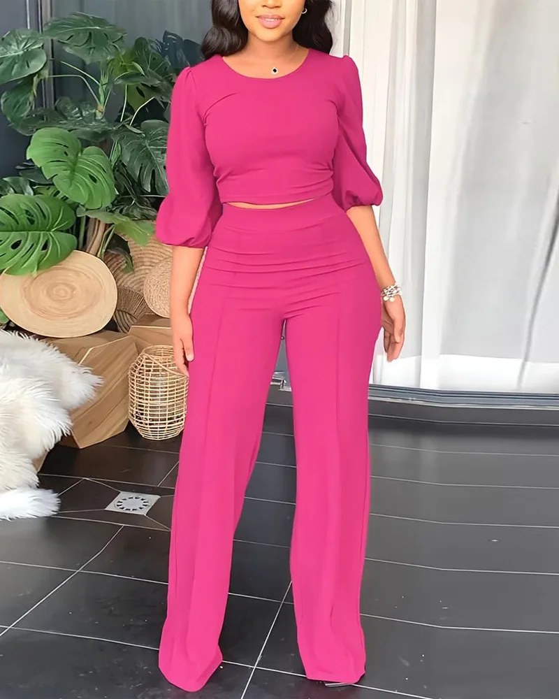 

Round Neck Lantern Sleeve Top & Pants Set Women Solid Color T Shirt Tee Tops High Waist Long Pants Summer