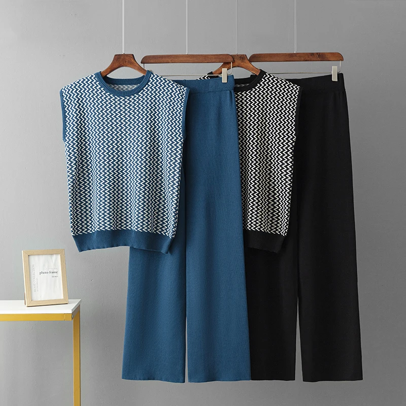 Jacquard Summer 2-Piece Sets New Simple Loose Sleeveless Knitted Waist coat Tops with Wide Leg Pants Knitted Two-piece for Women