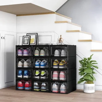 12 Pack Shoe Organizer Boxes Black Plastic Stackable Shoe Storage Bins For Closet, Space Saving Shoe Holder Sneaker Display Case 5