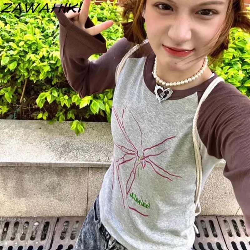 

T Shirts for Women Y2K Aesthetic Spring Fall Letter Cartoon Print Long Sleeve Patchwork Contrast Color Sweet Cool Crop Tops