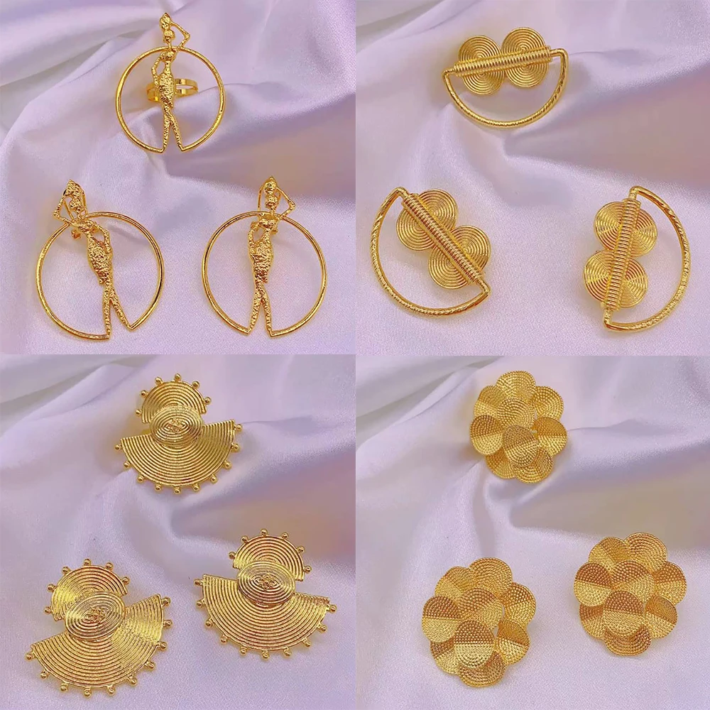 4Sets Jewelry Sets for Women Classic Wedding Gold Color Clip Earrings Adjustable Ring Ladies Birthday Gifts Jewelry Accessories