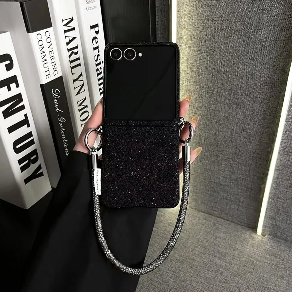 Luxury Black Glitter Lace Flowers Pattern Phone Case with Mesh Flash Rope