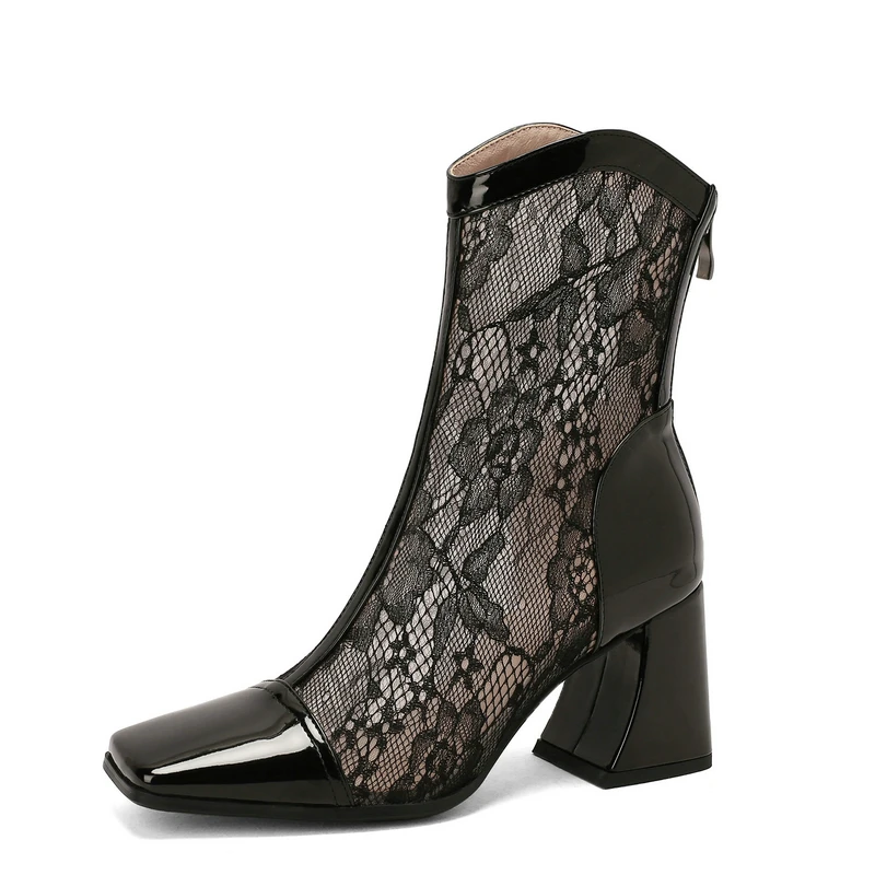 Botines cómodos de encaje para zapatos de tacón alto cuadrado, a la moda, de alta calidad, con cremallera, color negro, verano, 43 _ - AliExpress Mobile