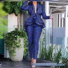 

Women's Two Piece Sets Pants Suit Blue Waist Ruffled Print Temperament Commuter Suit Autumn Spring New Fashion Long Sleeve