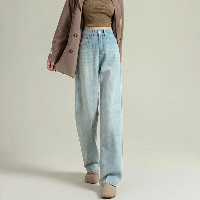 Pink label design cover meat wide-leg jeans female small pear-shaped figure light blue high-waisted loose drag straight pants