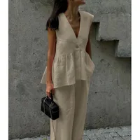 Ensemble gilet et pantalon Long sans manches en coton, haut Sexy à col en v, couleur unie, tempérament, ensemble deux pièces pour femmes 5