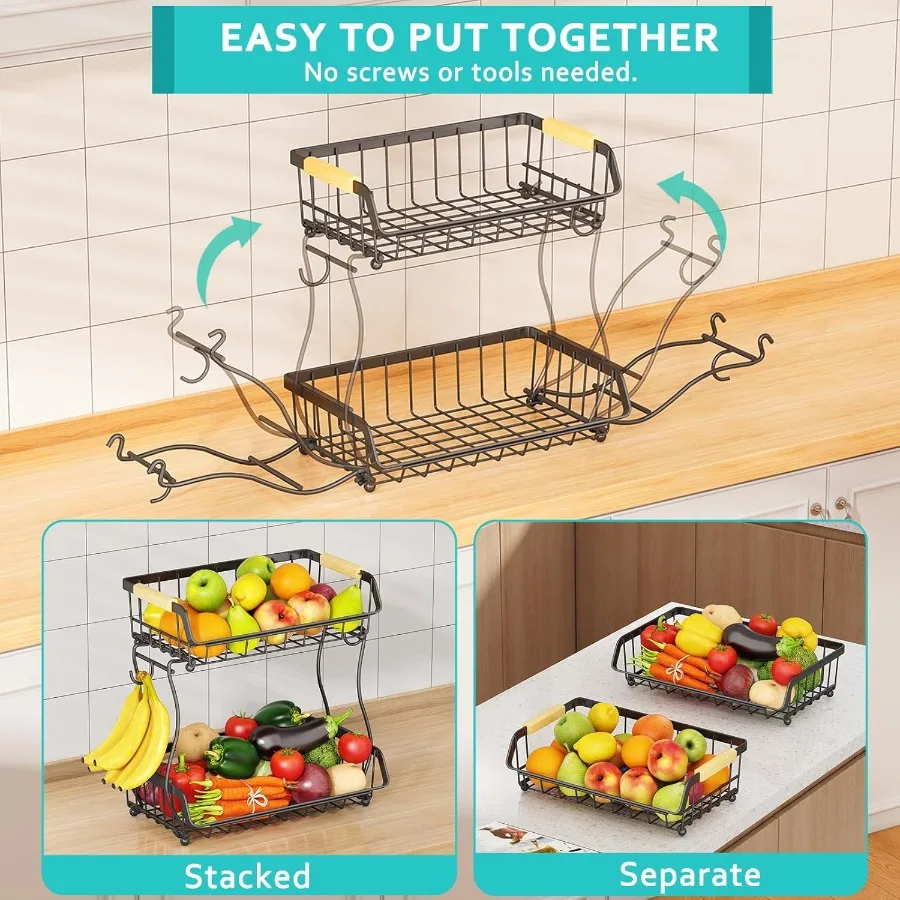 2 Tier Fruit Basket with 2 Banana Hangers Detachable Countertop Fruit Bowls for Kitchen Counter Metal Wire Fruit Vegetable Stor