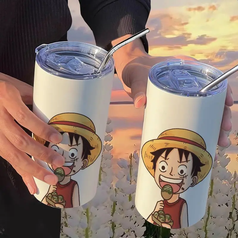 thumbnail image 1 of Botella de agua de One Piece Monkey D. Luffy Roronoa Zoro, taza de café con pajita, 420 ml, acero inoxidable, dibujos animados de anime, portátil, 1 of 5