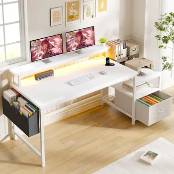 56.5" Computer Desk with File Drawers Cabinet,Study Writing Gaming Desk with Power Outlets,Home Office Desk 1