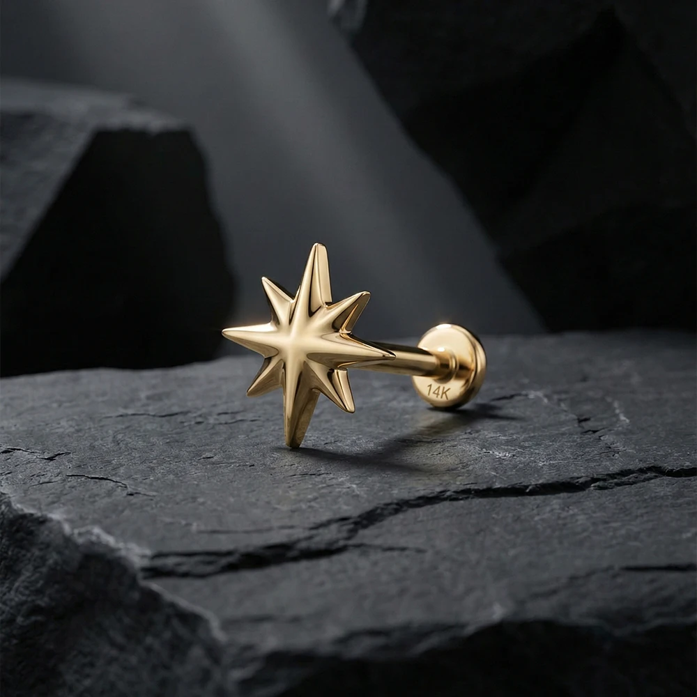 록시 14K 솔리드 골드 기하학적 광택 보우/스타 피어싱 귀걸이 여성용 데인티 럭셔리 체인 태슬 발렌타인데이 선물