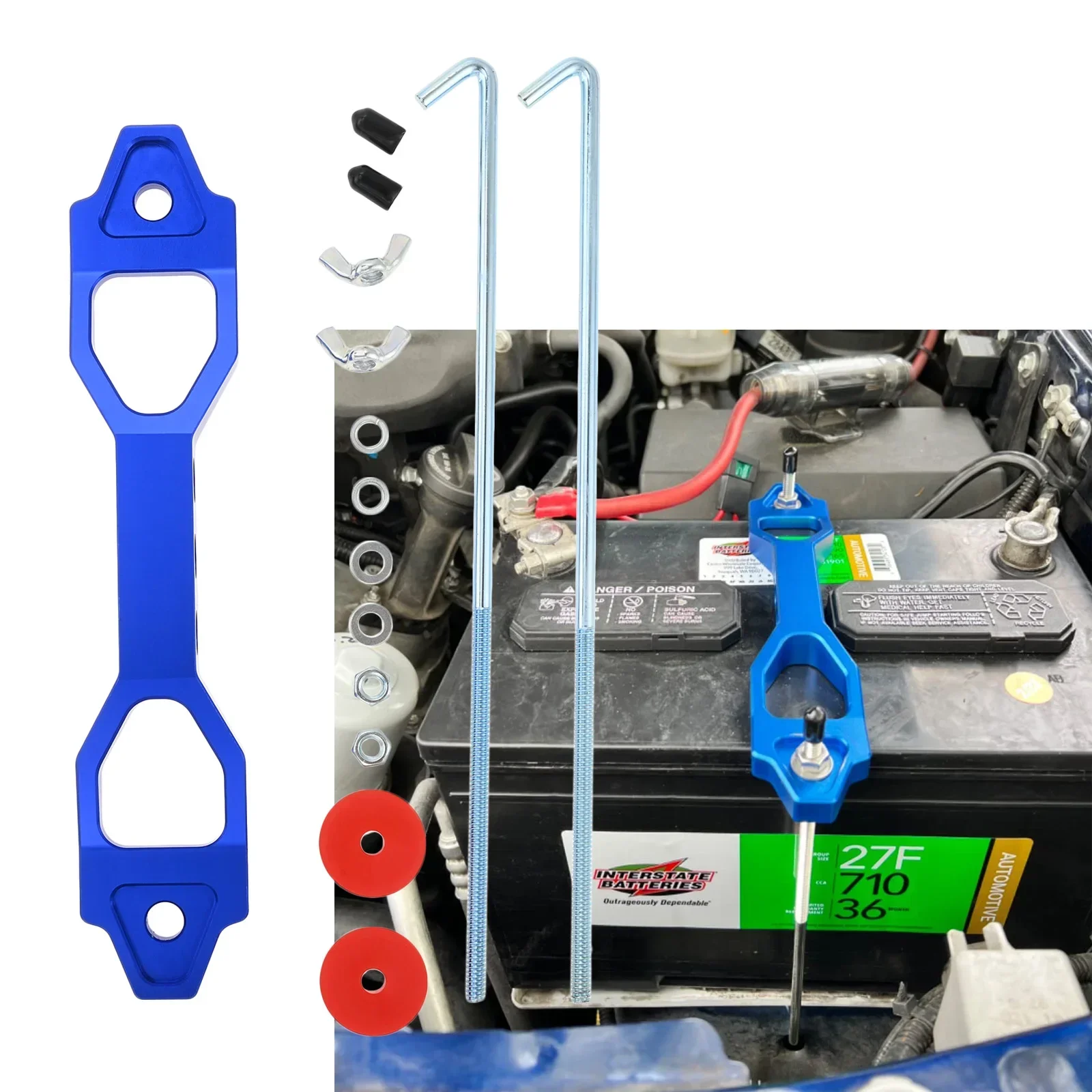 Universal Heavy Duty Aluminum Alloy Car Battery Tie Down Bracket Brace Holder Fasten Clamp with 10 Inch Stainless Steel J Bolts