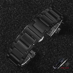Three Bead Solid Stainless Steel Watch Strap with Tool - Adjustable Width - 22mm (Black)