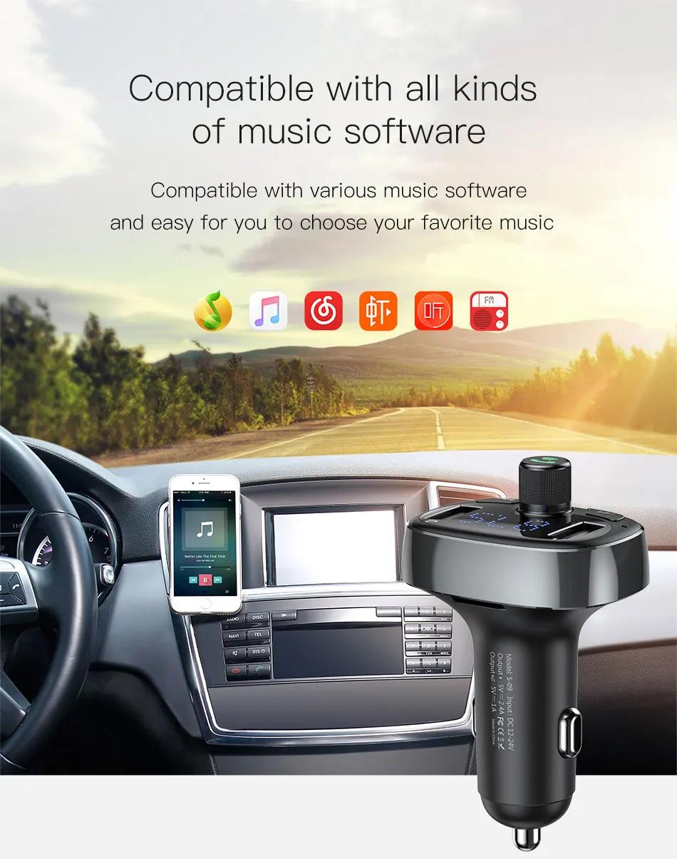 Car FM Transmitter Handsfree Bluetooth Modulator 3.4A Fast Dual USB Car Charger