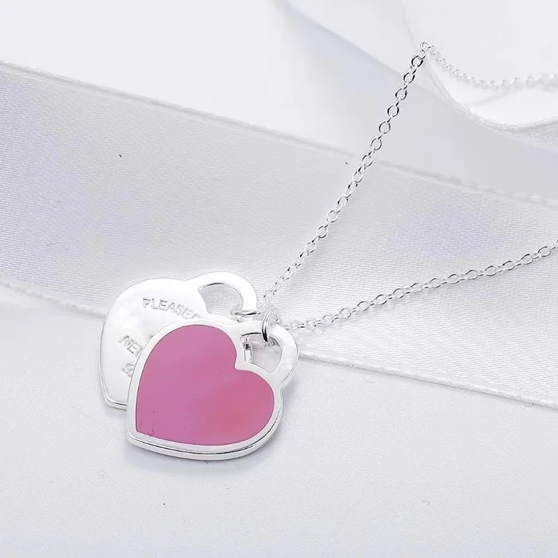 

1:1 Women's Fashion Jewelry 100% S925 Sterling Silver Green Red Pink Mini Double Heart Pendant Necklace Party Holiday Gift