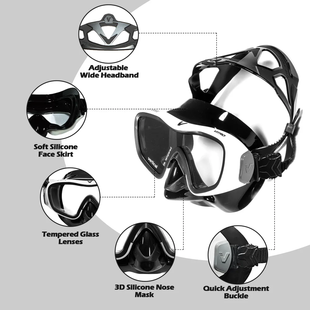 V.DIVE vertical Snorkeling Three Pieces Equipment Goggle and Snorkel Set Large Vision Anti-Fog Professional Scuba Diving