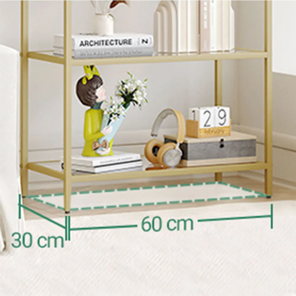Shelf, Tempered Glass Bookcase, Slim Shelving Unit for Bedroom, Bathroom, Home Office, Steel Frame, 5 Shelves Gold