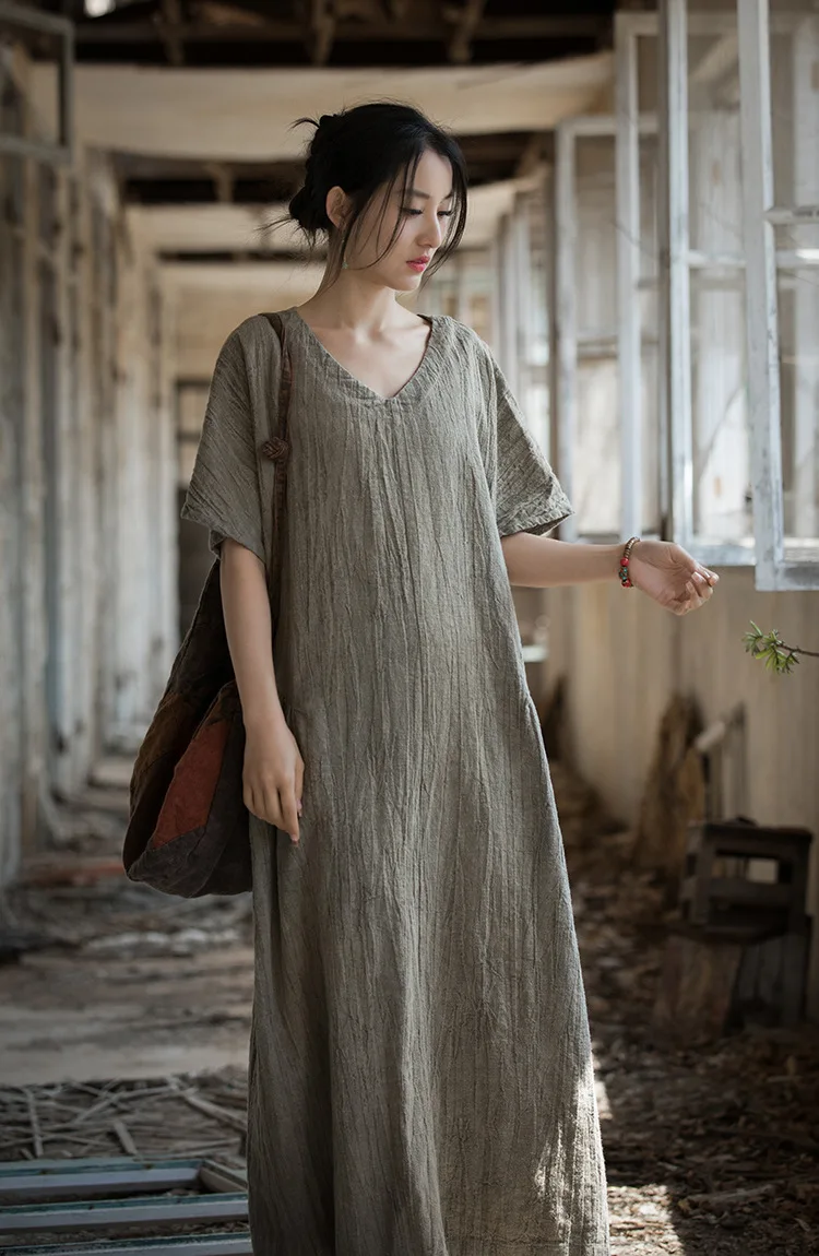Cotton Linen Maxi Midi Dress Women Tie Dye Oversize Dresses 2