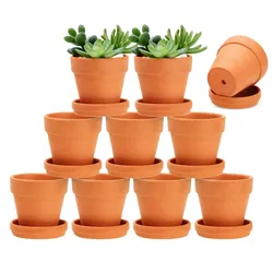 Set of 10 Mini Clay Pots with Saucers - S (Red)