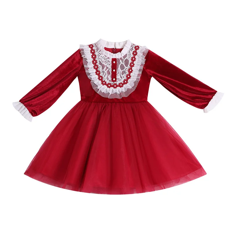 Girls' mesh dress 2022 spring new children's foreign dress Dress Girls' velvet long sleeve Princess Dress