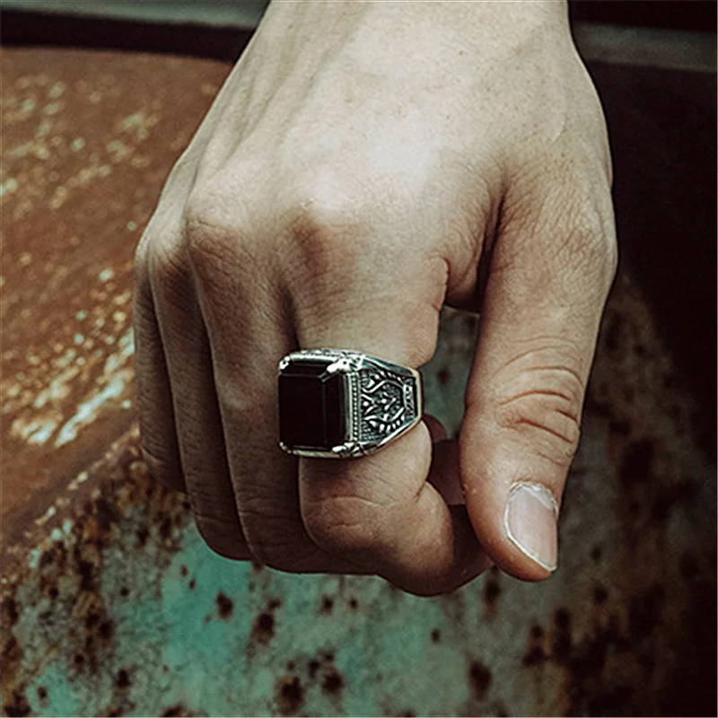 Silver Gemstone Ring New silver geometric diamond inlaid black agate gemstone men's lady adjustable ring