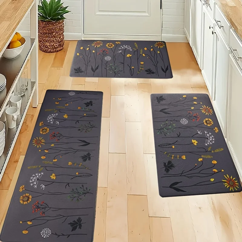 

1pc plant flower kitchen carpet, non-slip machine washable flannel floor mat, suitable for hallway door kitchen