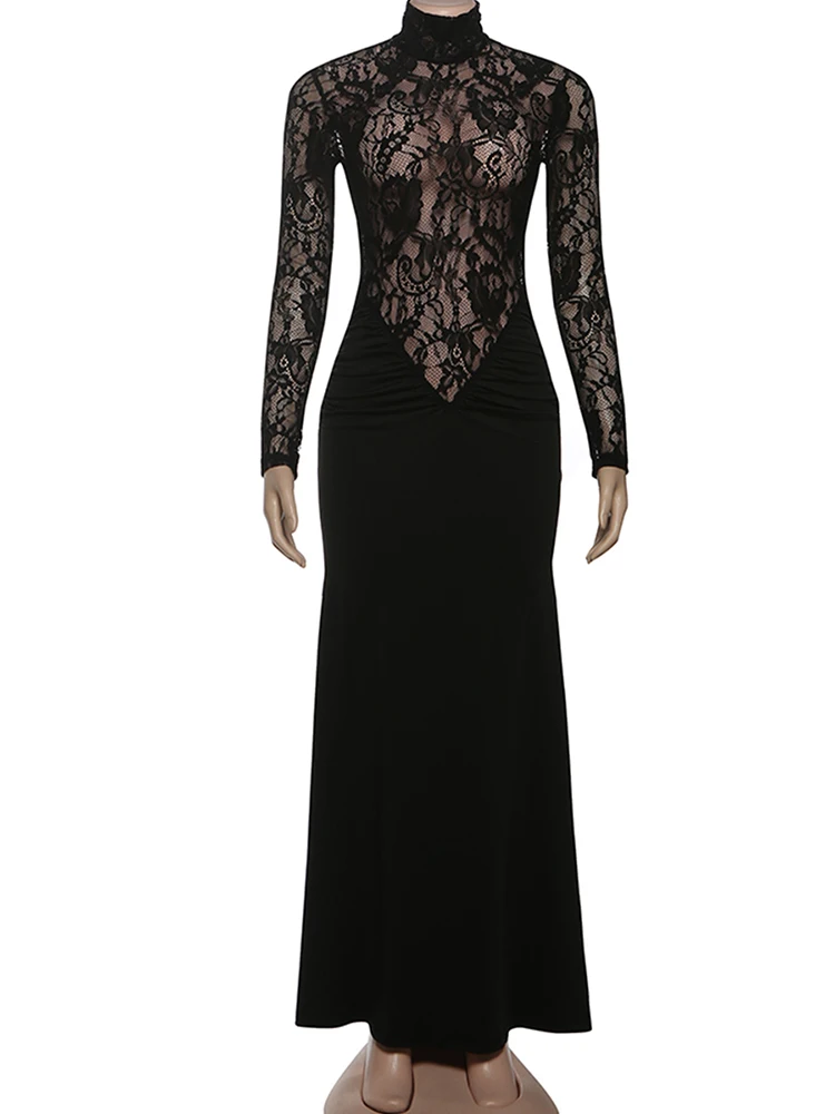 Nibber Lace Patchwork Maxi Dress Women Turtleneck Full Sleeve Skinny Folds Zipper Sexy Midnight Fashion Prom Party Chic Vestidos