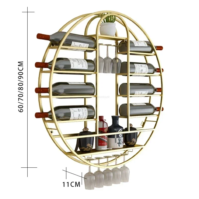 Modern Round Wall-mounted Wine Rack Nordic Gold Iron Wine Cabinets Luxury Bar Furniture Home Storage Rack with Glass Holder