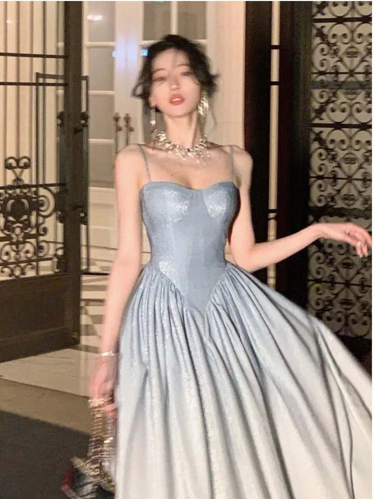 

Luxury Elegant Sleeveless Evening Party Women Dress Sexy A-line Spaghetti Strap Long Dresses Modern Blue Vestido Fiesta Maxi