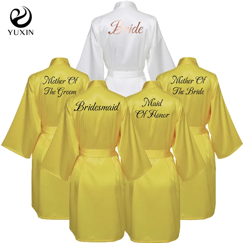 

Yellow Satin Silk Bride Robe Wedding Party Bridesmaid Bride Dressing Gown Bridal Bathrobe Slippers Black Print New