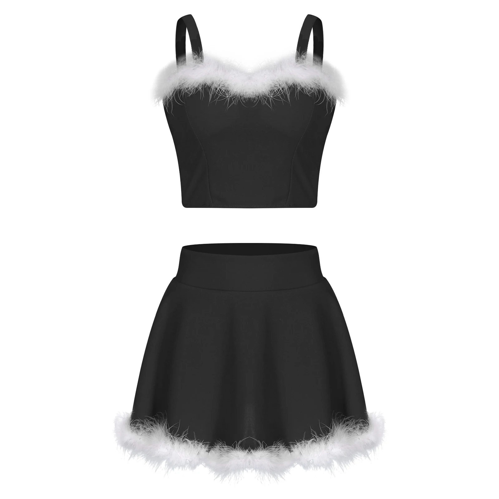 

Womens Two-Piece Faux Fur Trim Christmas Outfit Side Invisible Zipper Wide Shoulder Straps Crop Top with High Waist A-Line Skirt