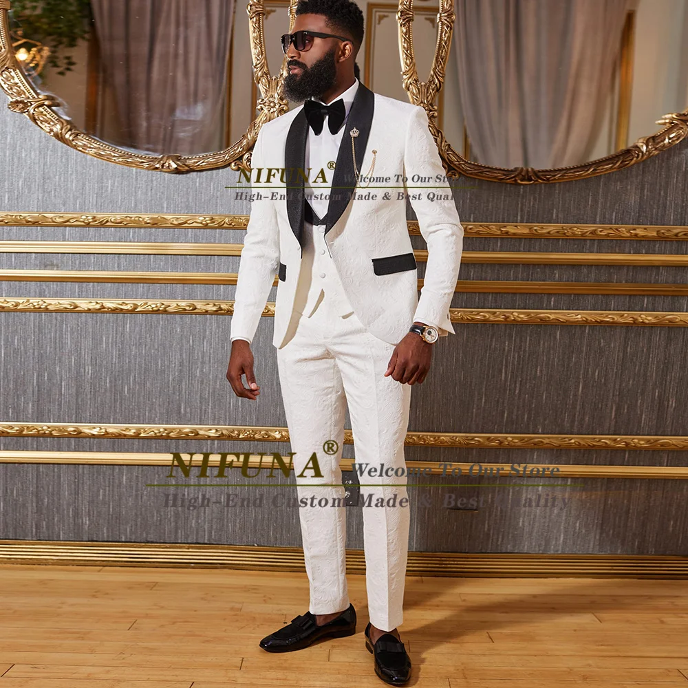 

Luxury Ivory Jacquard Men Suits 3 Piece Slim Fit Groom Wedding Prom Party Tuxedo Jacket+Vest+Pants Blazer Sets Costume Homme