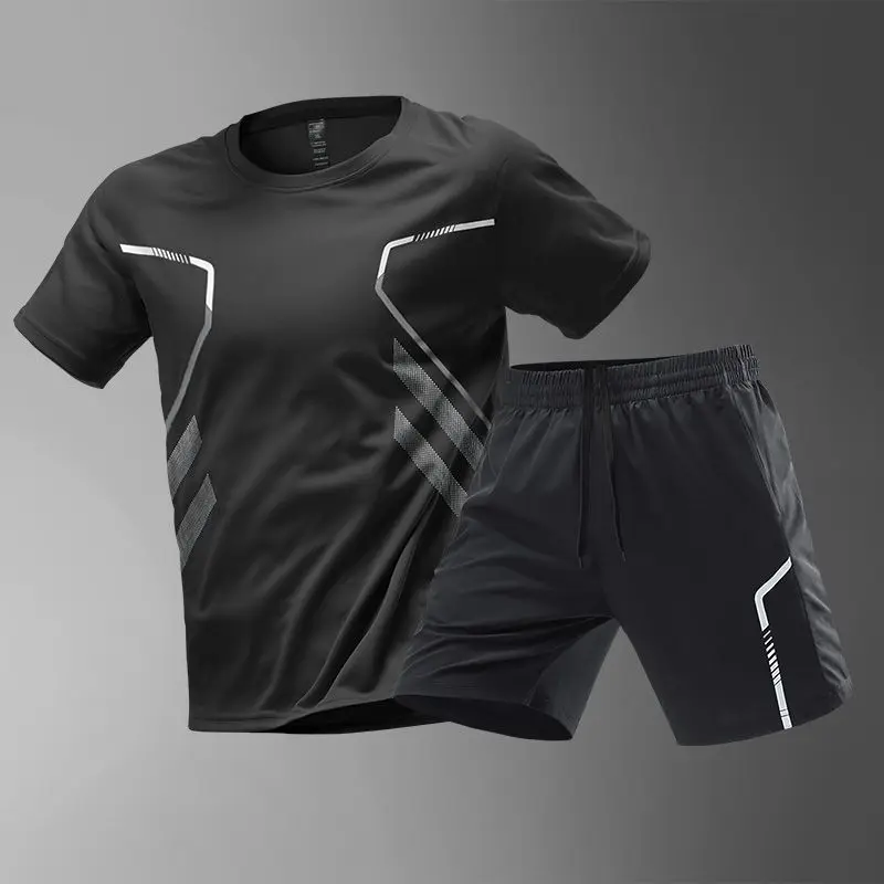 Summer Ice Silk Sports Men Sets New Quick Dry Breathable Gym Clothing Running Basketball Training Short Sleeve Tops Shorts Suit